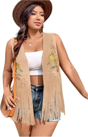 Verdusa Women's Plus Size Fringe Floral Embroidery Sleeveless Vest Cardigan Tassel Jacket