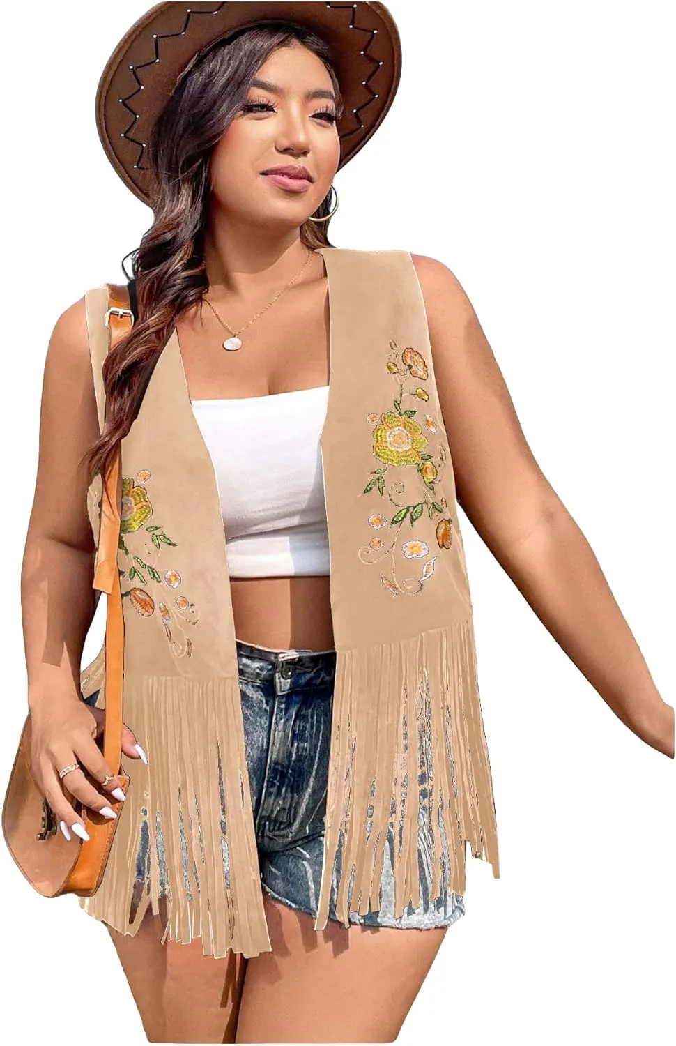 Verdusa Women's Plus Size Fringe Floral Embroidery Sleeveless Vest Cardigan Tassel Jacket