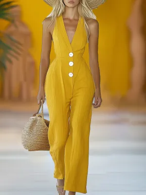 Vibrant Yellow Cotton and Linen Sleeveless Jumpsuit