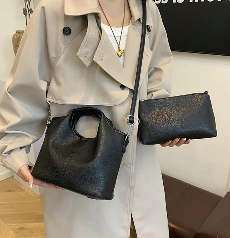Vintage Vegan Leather Shoulder Crossbody Bag for Women Small Bucket Tote Satchels Purse Travel Work Handbag 2pcs