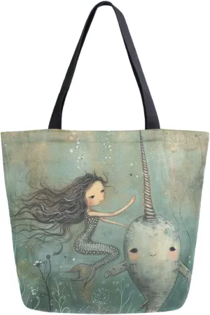 Vivid Pattern Extra Large Shoulder Grocery Tote Bag, Fairy Sea Narwhal and Mermaid Canvas Daily Handle Bag for Gym Weekender Beach Travel Kitchen Reusable Market Shopping