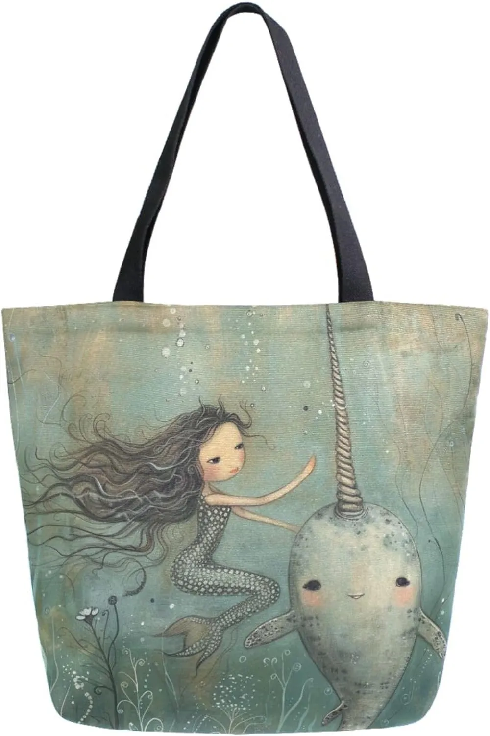 Vivid Pattern Extra Large Shoulder Grocery Tote Bag, Fairy Sea Narwhal and Mermaid Canvas Daily Handle Bag for Gym Weekender Beach Travel Kitchen Reusable Market Shopping
