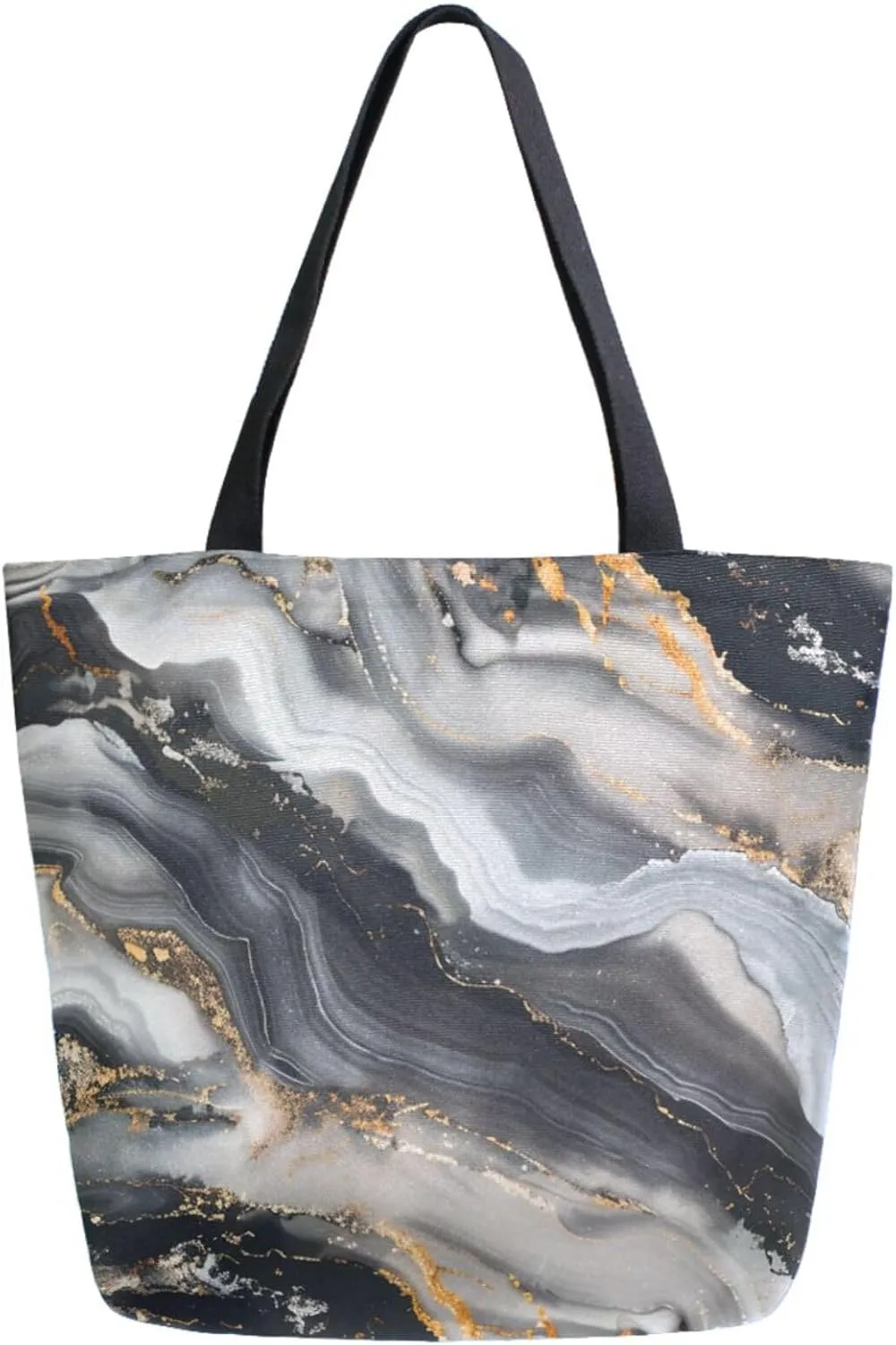 Vivid Pattern Extra Large Shoulder Grocery Tote Bag, Natural Marble Texture Black White Canvas Daily Handle Bag for Gym Weekender Beach Travel Kitchen Reusable Market Shopping
