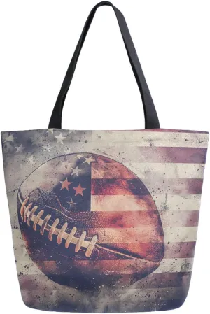 Vivid Pattern Extra Large Shoulder Grocery Tote Bag, Old Style Usa Flag American Football Canvas Daily Handle Bag for Gym Weekender Beach Travel Kitchen Reusable Market Shopping
