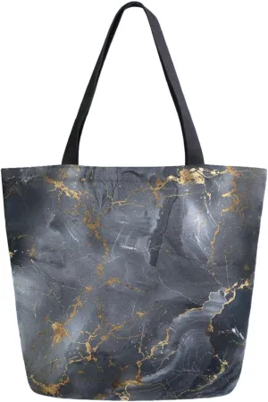Vivid Pattern Extra Large Shoulder Grocery Tote Bag, Realistic Black Marble Texture Pattern Canvas Daily Handle Bag for Gym Weekender Beach Travel Kitchen Reusable Market Shopping
