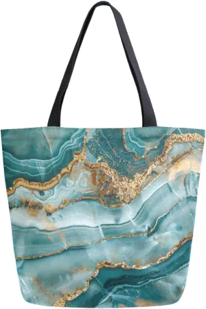 Vivid Pattern Extra Large Shoulder Grocery Tote Bag, Realistic Green Line Marble Texture Canvas Daily Handle Bag for Gym Weekender Beach Travel Kitchen Reusable Market Shopping