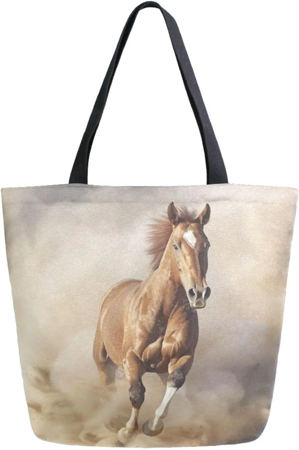 Vivid Pattern Extra Large Shoulder Grocery Tote Bag, Running Horse in Dust Canvas Daily Handle Bag for Gym Weekender Beach Travel Kitchen Reusable Market Shopping