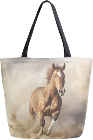 Vivid Pattern Extra Large Shoulder Grocery Tote Bag, Running Horse in Dust Canvas Daily Handle Bag for Gym Weekender Beach Travel Kitchen Reusable Market Shopping