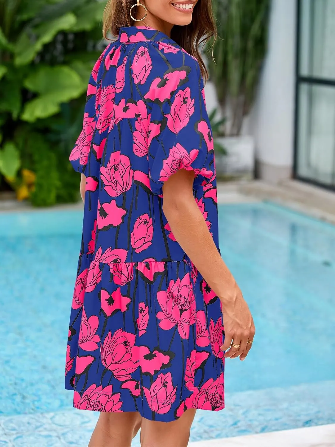 Wenrine Women's Summer Button Down Shirt Dress Floral Puff Short Sleeve Casual Loose Fit Beach Mini Dresses