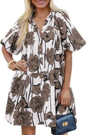 Wenrine Women's Summer Button Down Shirt Dress Floral Puff Short Sleeve Casual Loose Fit Beach Mini Dresses