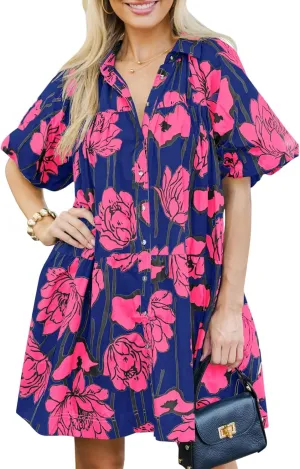 Wenrine Women's Summer Button Down Shirt Dress Floral Puff Short Sleeve Casual Loose Fit Beach Mini Dresses