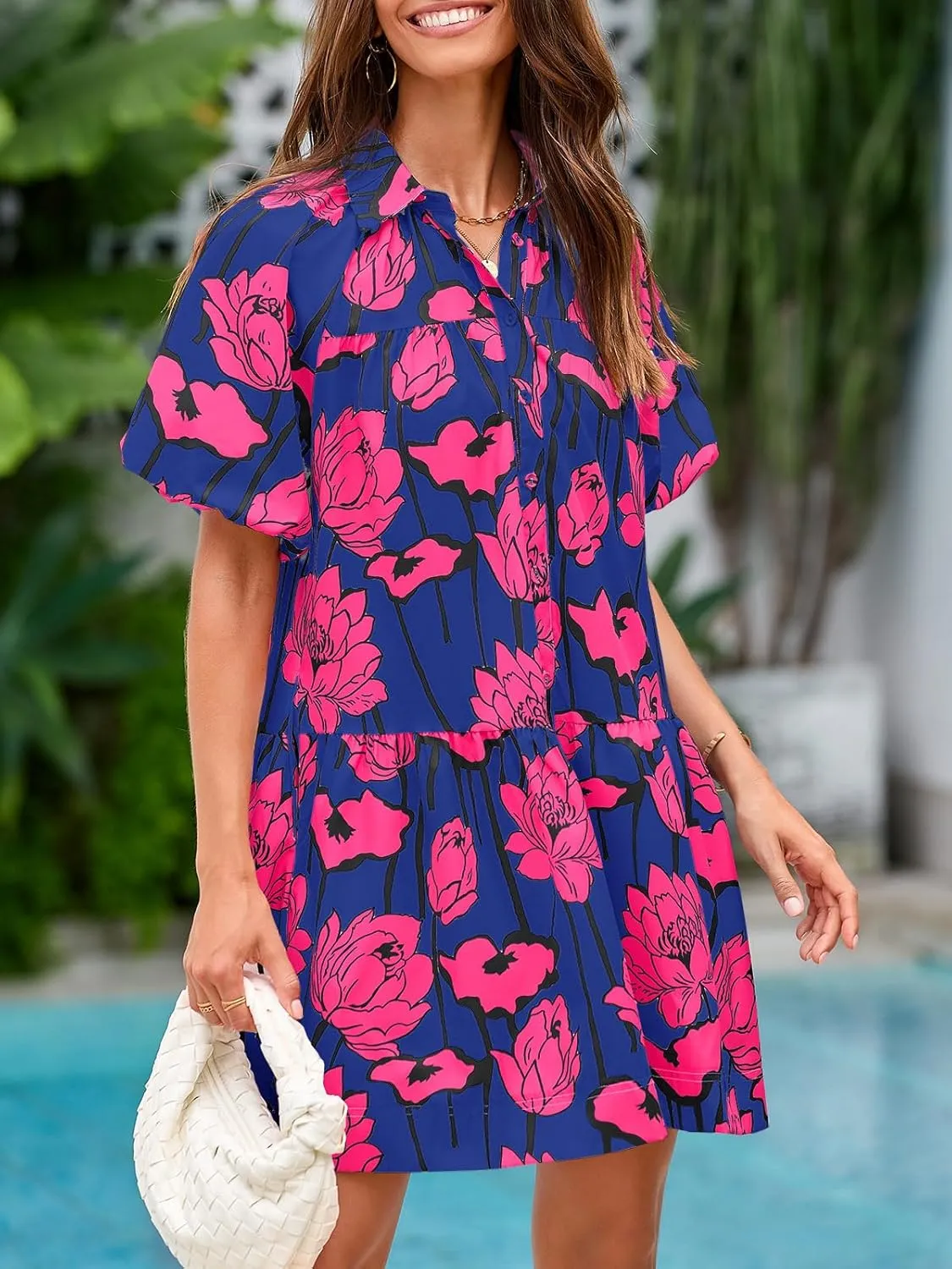 Wenrine Women's Summer Button Down Shirt Dress Floral Puff Short Sleeve Casual Loose Fit Beach Mini Dresses