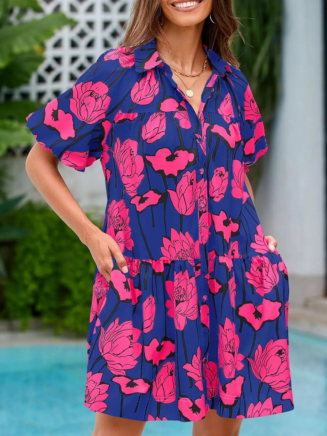 Wenrine Women's Summer Button Down Shirt Dress Floral Puff Short Sleeve Casual Loose Fit Beach Mini Dresses