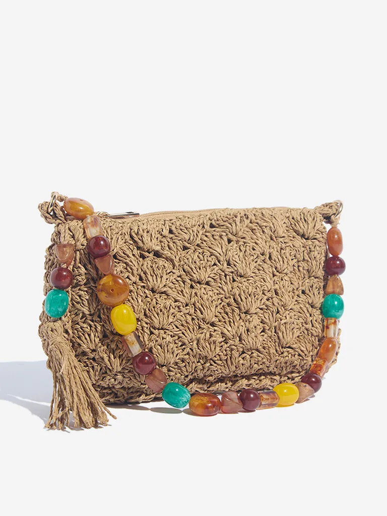 Westside Beige Raffia Beaded Sling Bag
