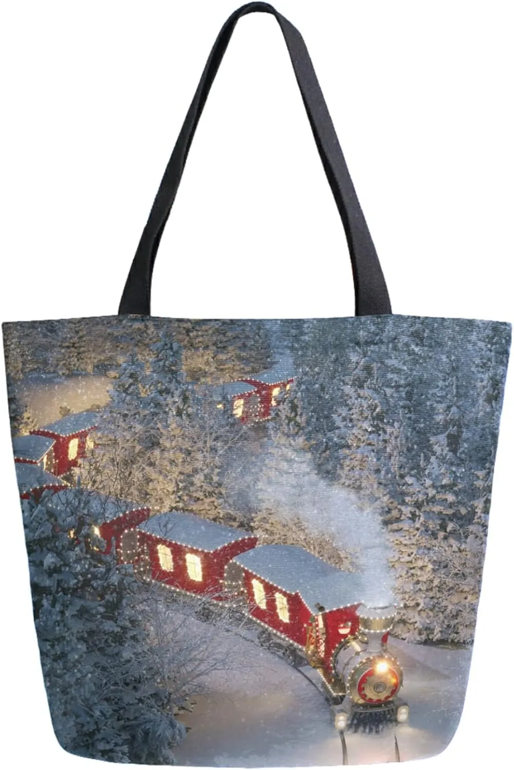 Winter Forest Christmas Train Extra Large Canvas Shoulder Tote Top Handle Good Storage Bag for Gym Weekender Beach Travel Reusable Grocery Shopping