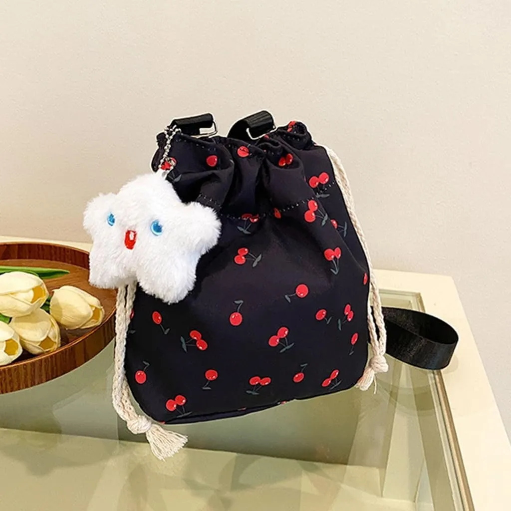 Women Bag Cherries Pattern Shoulder Bag Fashion Bucket Bag Drawstring Crossbody Bag Beach Bag Messengers Bag for Travel