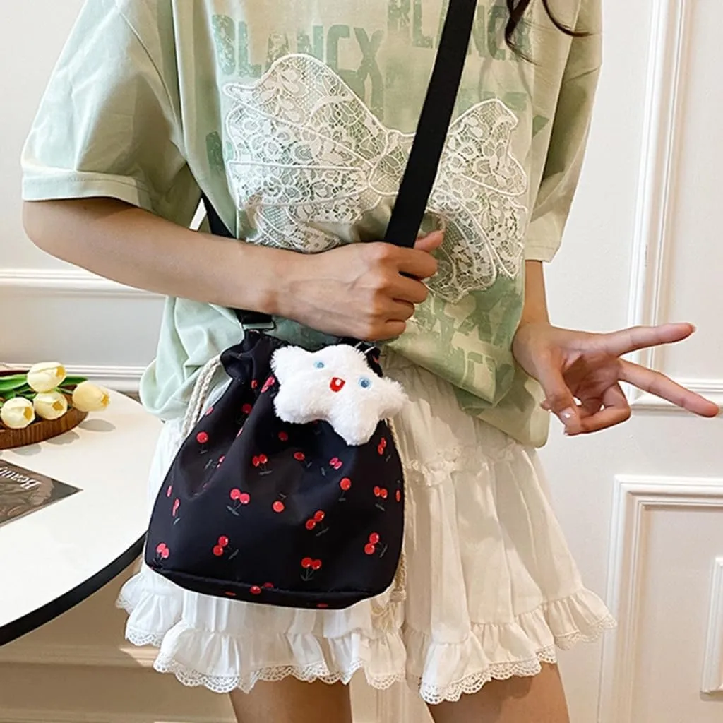 Women Bag Cherries Pattern Shoulder Bag Fashion Bucket Bag Drawstring Crossbody Bag Beach Bag Messengers Bag for Travel