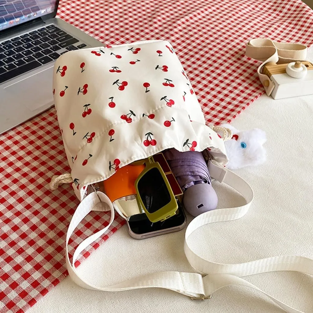 Women Bag Cherries Pattern Shoulder Bag Fashion Bucket Bag Drawstring Crossbody Bag Beach Bag Messengers Bag for Travel