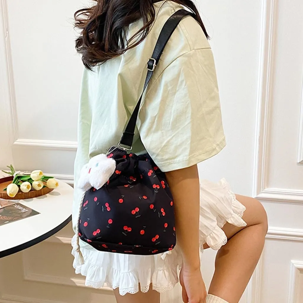 Women Bag Cherries Pattern Shoulder Bag Fashion Bucket Bag Drawstring Crossbody Bag Beach Bag Messengers Bag for Travel
