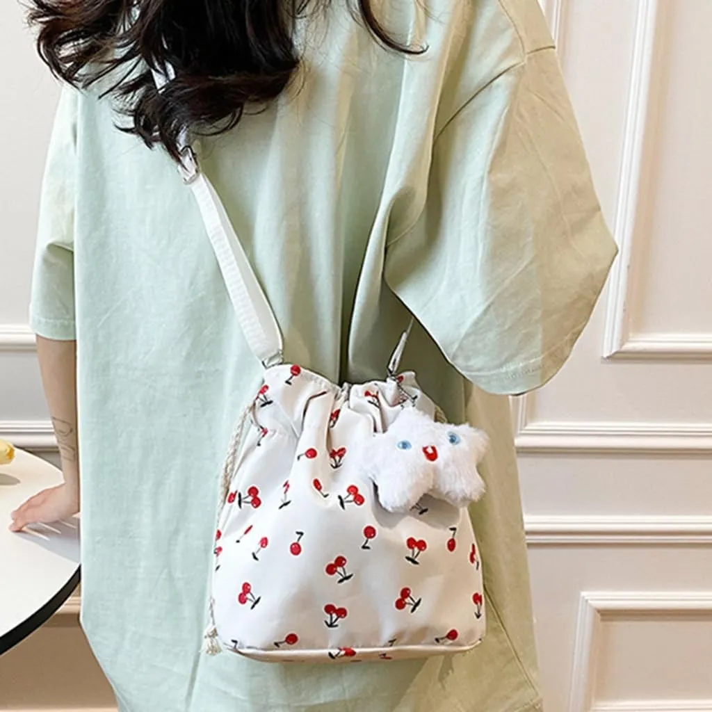 Women Bag Cherries Pattern Shoulder Bag Fashion Bucket Bag Drawstring Crossbody Bag Beach Bag Messengers Bag for Travel