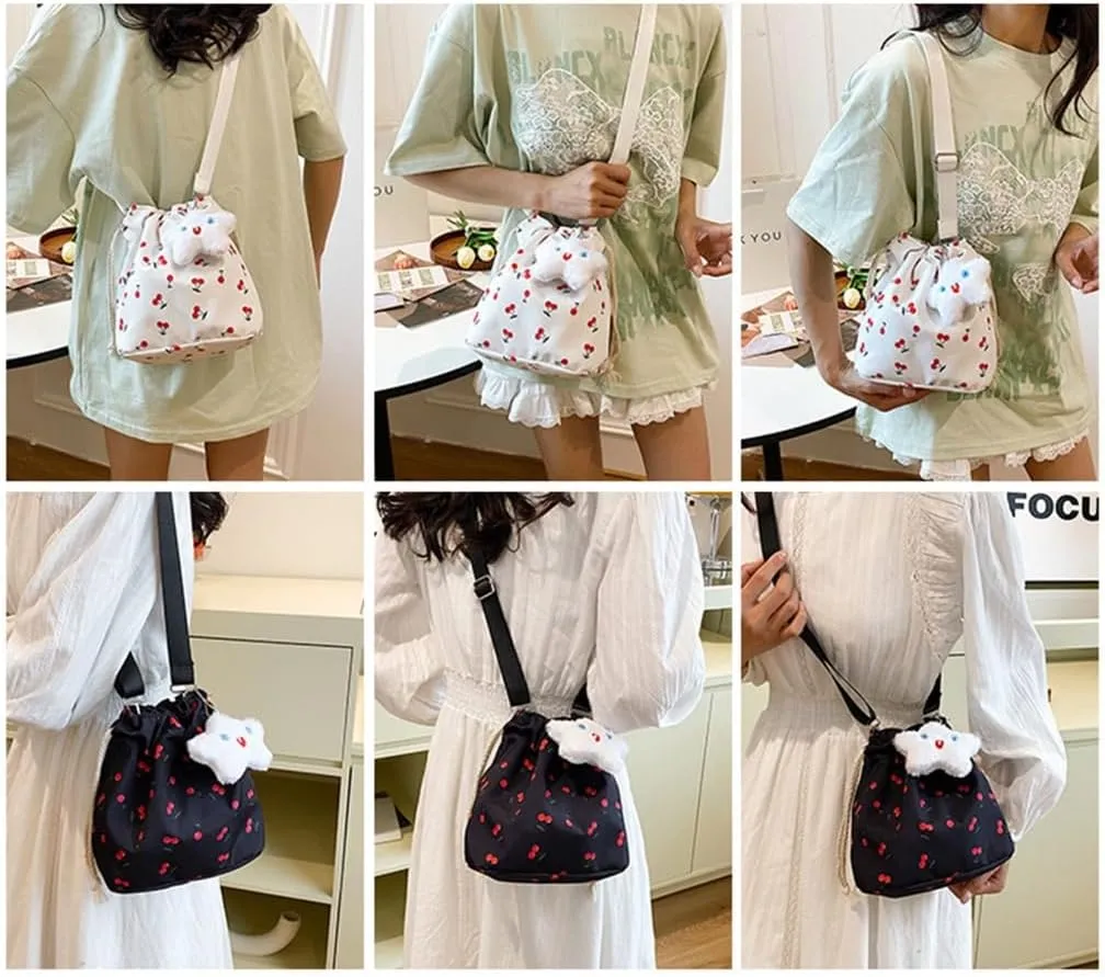Women Bag Cherries Pattern Shoulder Bag Fashion Bucket Bag Drawstring Crossbody Bag Beach Bag Messengers Bag for Travel