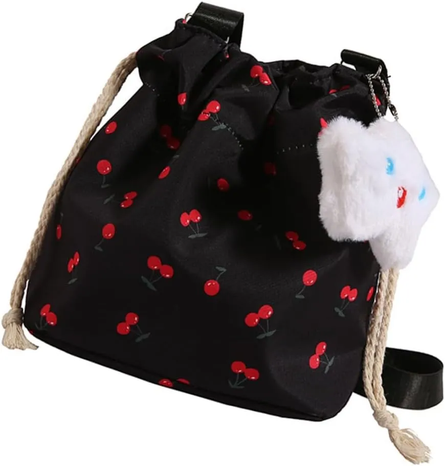 Women Bag Cherries Pattern Shoulder Bag Fashion Bucket Bag Drawstring Crossbody Bag Beach Bag Messengers Bag for Travel