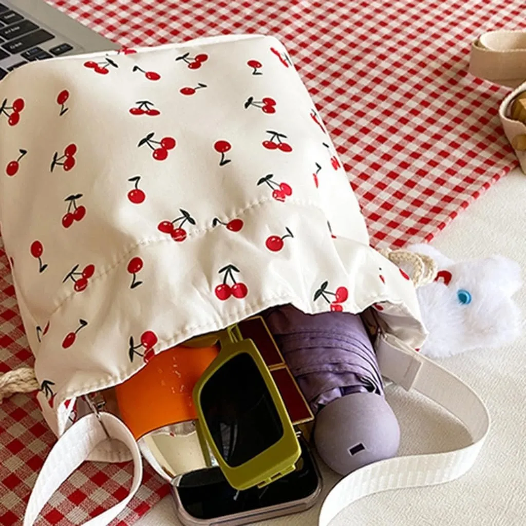 Women Bag Cherries Pattern Shoulder Bag Fashion Bucket Bag Drawstring Crossbody Bag Beach Bag Messengers Bag for Travel