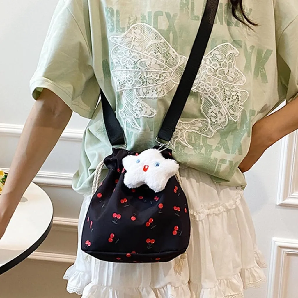 Women Bag Cherries Pattern Shoulder Bag Fashion Bucket Bag Drawstring Crossbody Bag Beach Bag Messengers Bag for Travel