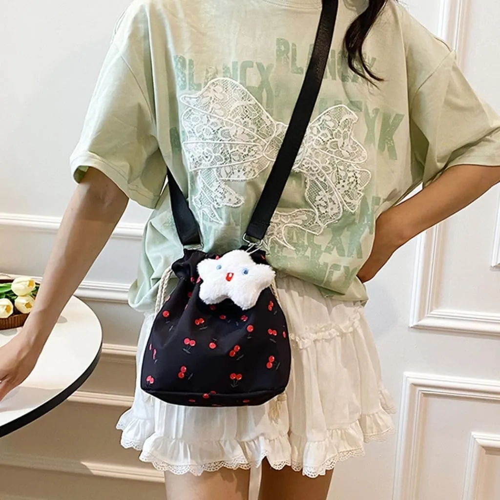 Women Bag Cherries Pattern Shoulder Bag Fashion Bucket Bag Drawstring Crossbody Bag Beach Bag Messengers Bag for Travel