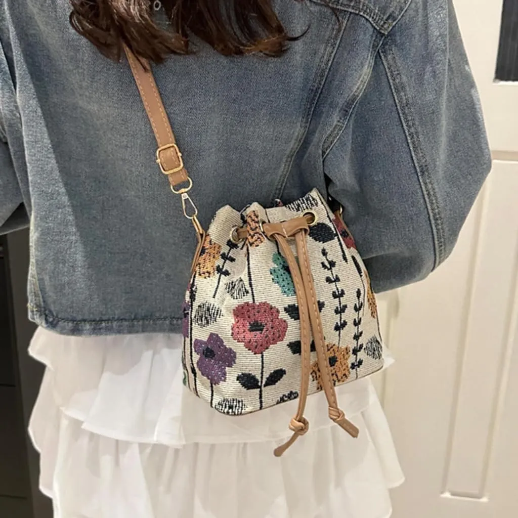 Women Bag Ethnic Styles Shoulder Bag Fashion Messengers Bag Simple Bucket Bag Drawstring Crossbody Bag for Daily Travel