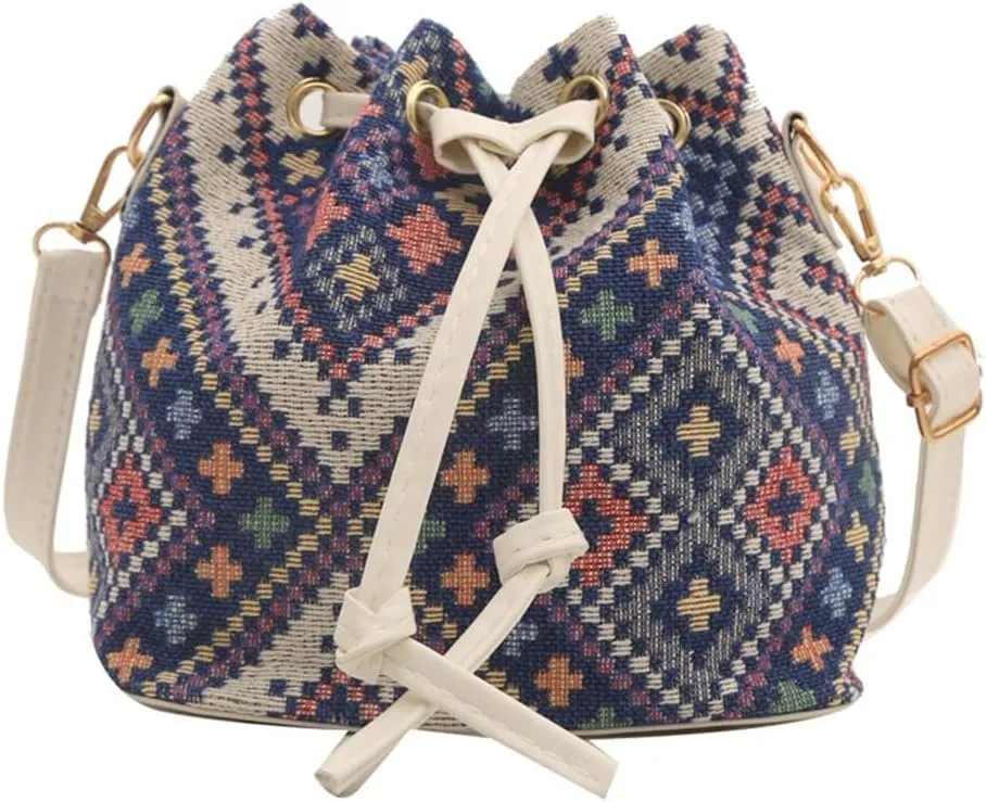 Women Bag Ethnic Styles Shoulder Bag Fashion Messengers Bag Simple Bucket Bag Drawstring Crossbody Bag for Daily Travel