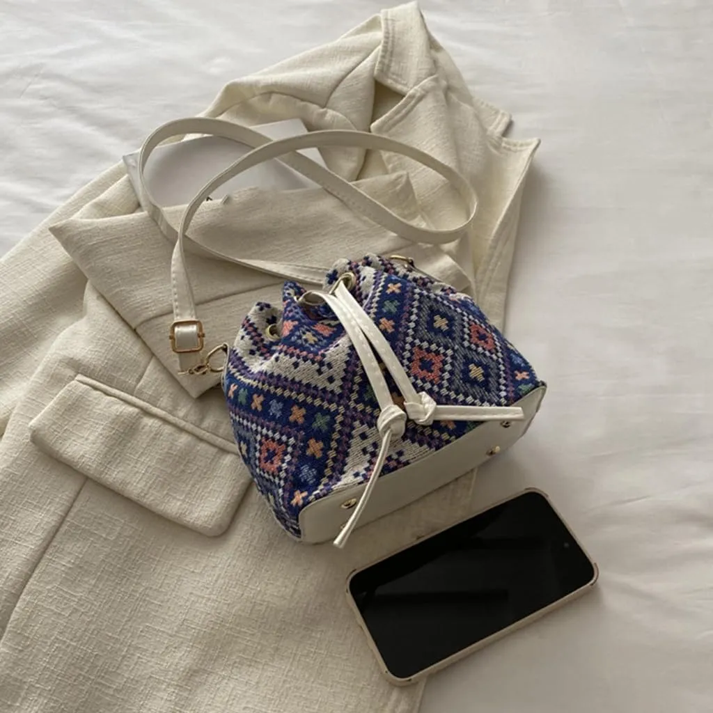 Women Bag Ethnic Styles Shoulder Bag Fashion Messengers Bag Simple Bucket Bag Drawstring Crossbody Bag for Daily Travel