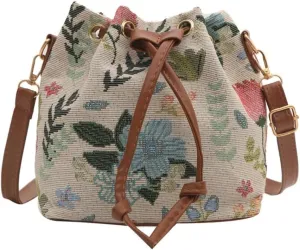 Women Bag Ethnic Styles Shoulder Bag Fashion Messengers Bag Simple Bucket Bag Drawstring Crossbody Bag for Daily Travel