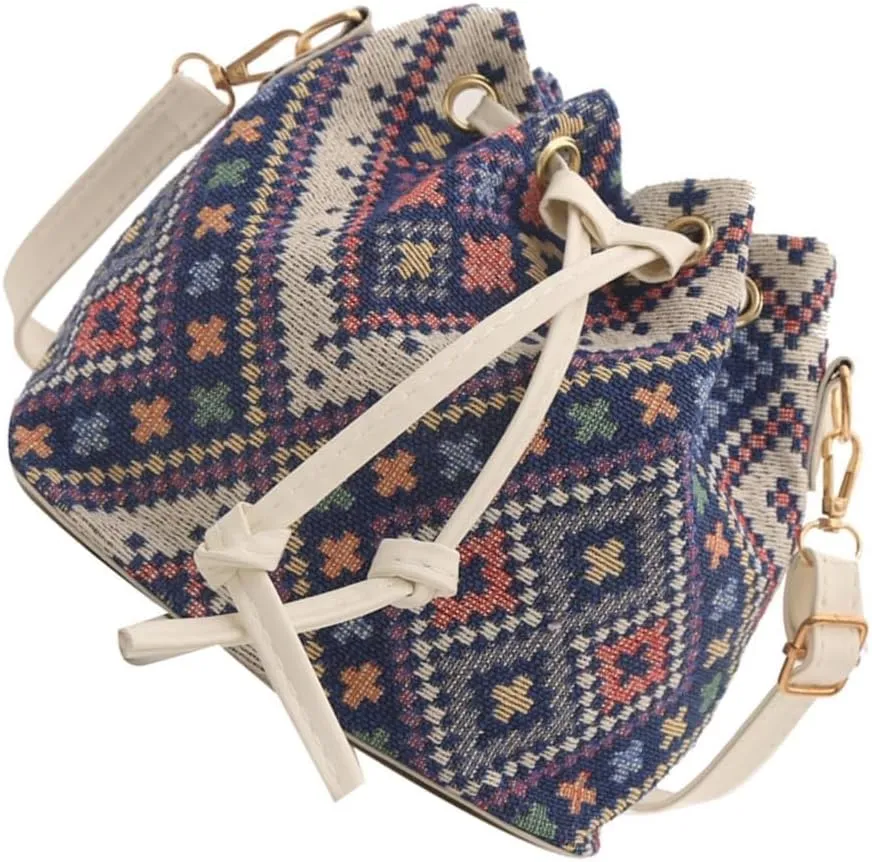 Women Bag Ethnic Styles Shoulder Bag Fashion Messengers Bag Simple Bucket Bag Drawstring Crossbody Bag for Daily Travel