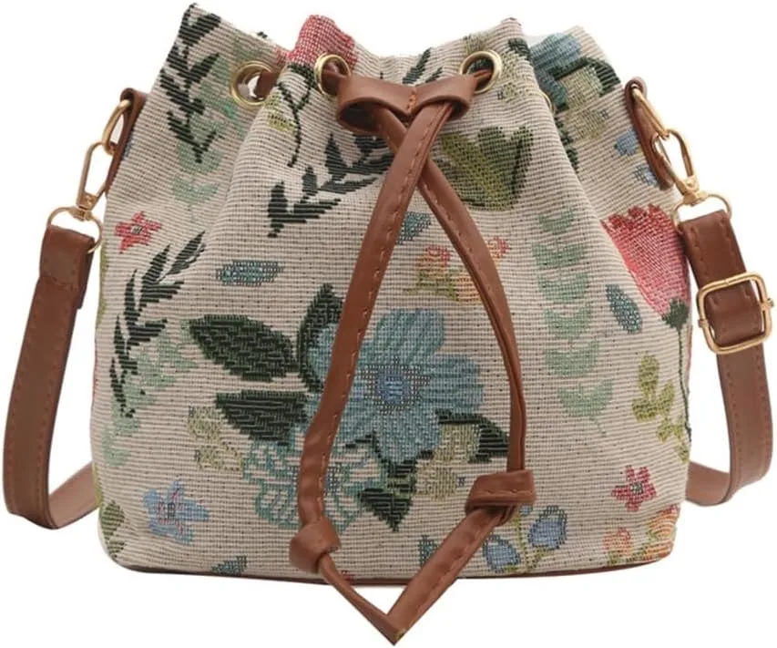 Women Bag Ethnic Styles Shoulder Bag Fashion Messengers Bag Simple Bucket Bag Drawstring Crossbody Bag for Daily Travel