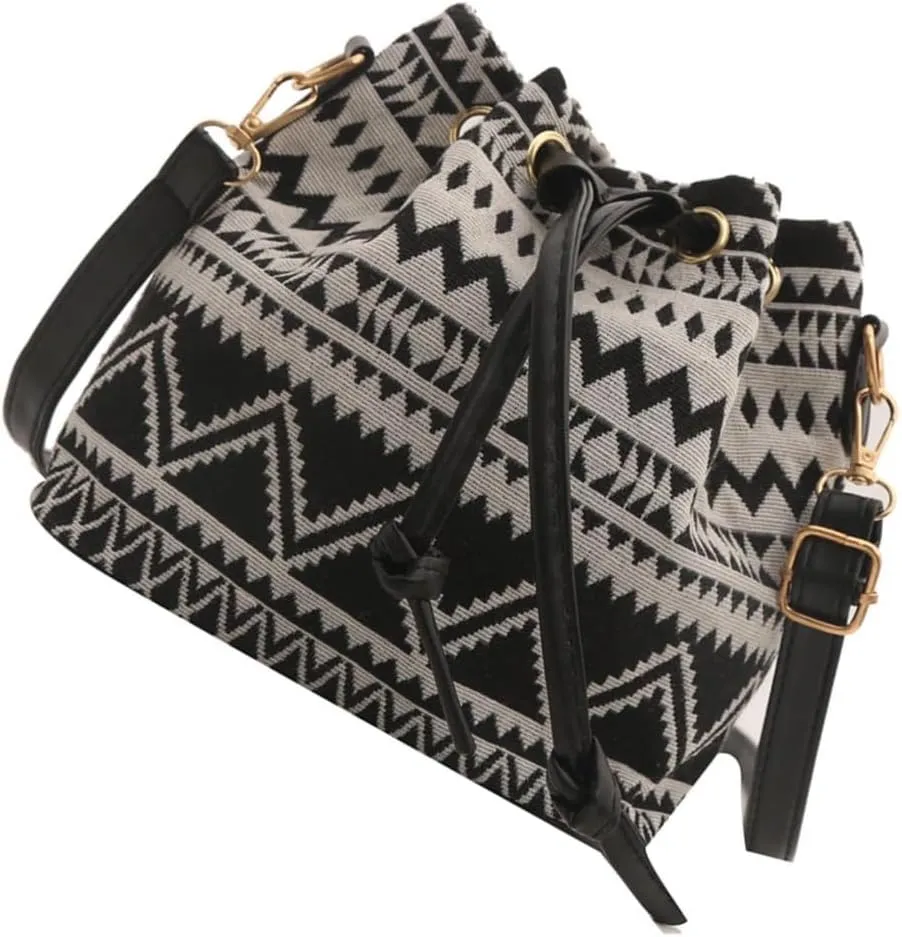 Women Bag Ethnic Styles Shoulder Bag Fashion Messengers Bag Simple Bucket Bag Drawstring Crossbody Bag for Daily Travel