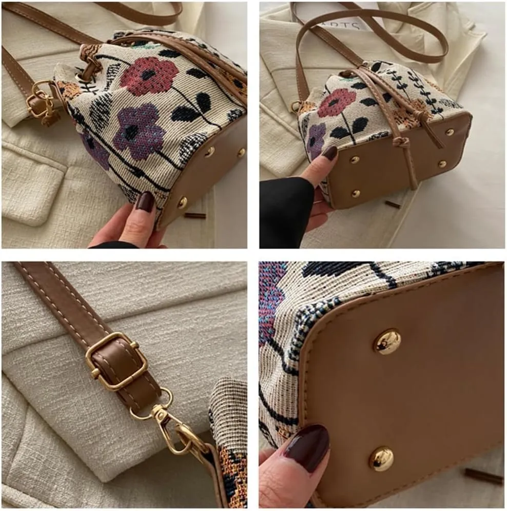 Women Bag Ethnic Styles Shoulder Bag Fashion Messengers Bag Simple Bucket Bag Drawstring Crossbody Bag for Daily Travel