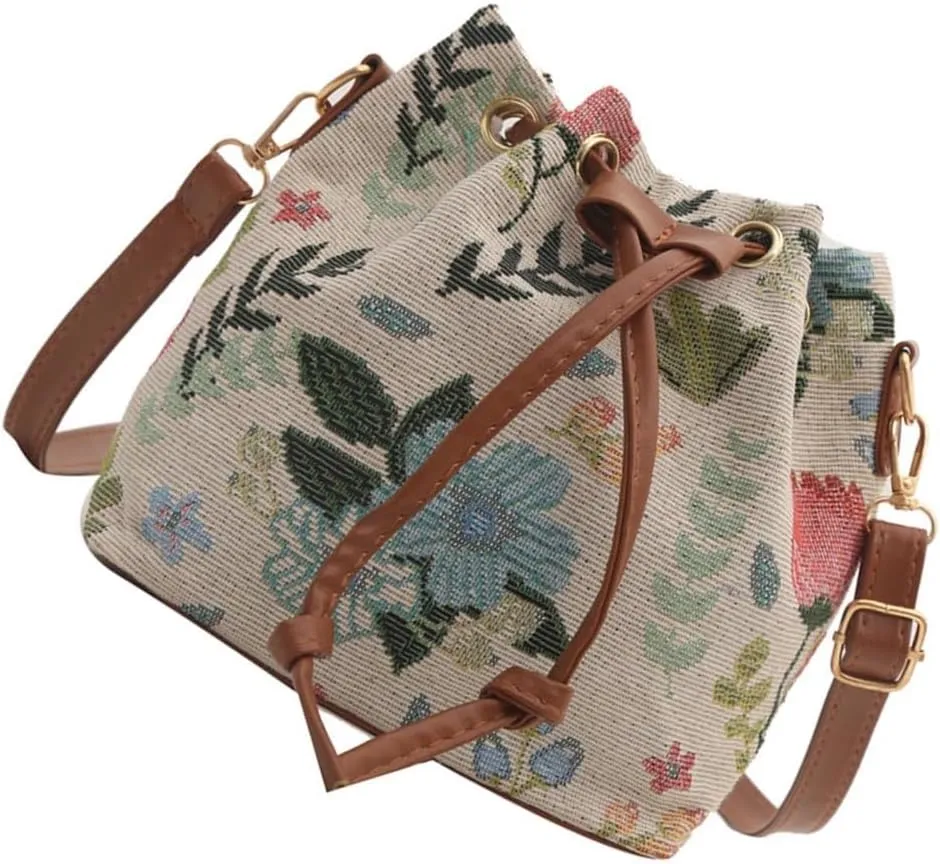 Women Bag Ethnic Styles Shoulder Bag Fashion Messengers Bag Simple Bucket Bag Drawstring Crossbody Bag for Daily Travel
