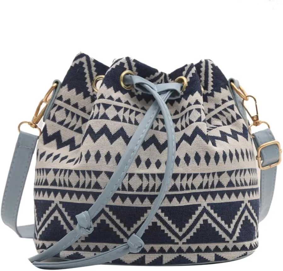 Women Bag Ethnic Styles Shoulder Bag Fashion Messengers Bag Simple Bucket Bag Drawstring Crossbody Bag for Daily Travel