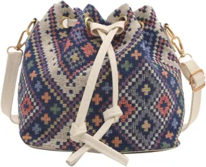 Women Bag Ethnic Styles Shoulder Bag Fashion Messengers Bag Simple Bucket Bag Drawstring Crossbody Bag for Daily Travel