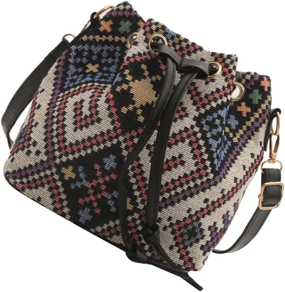 Women Bag Ethnic Styles Shoulder Bag Fashion Messengers Bag Simple Bucket Bag Drawstring Crossbody Bag for Daily Travel
