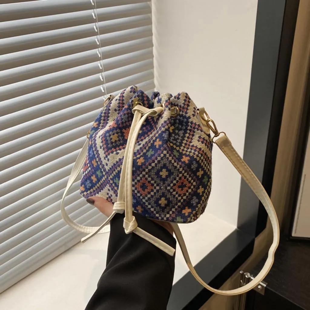 Women Bag Ethnic Styles Shoulder Bag Fashion Messengers Bag Simple Bucket Bag Drawstring Crossbody Bag for Daily Travel