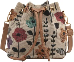 Women Bag Ethnic Styles Shoulder Bag Fashion Messengers Bag Simple Bucket Bag Drawstring Crossbody Bag for Daily Travel