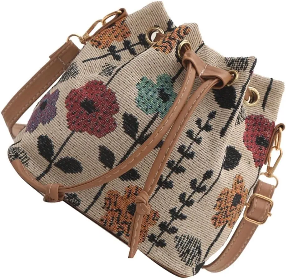 Women Bag Ethnic Styles Shoulder Bag Fashion Messengers Bag Simple Bucket Bag Drawstring Crossbody Bag for Daily Travel