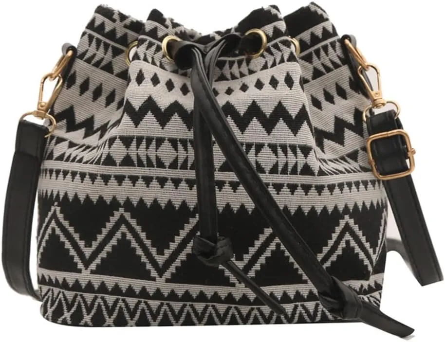 Women Bag Ethnic Styles Shoulder Bag Fashion Messengers Bag Simple Bucket Bag Drawstring Crossbody Bag for Daily Travel