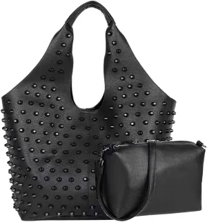 Women Black Big Tote Bags 2 Pcs Set Handbag Rivet Studded PU Shoulder Bags Shopper Purses Crossbody Satchels, One Color, One Size