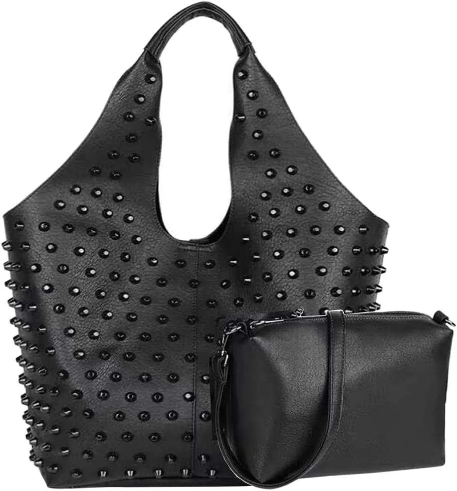 Women Black Big Tote Bags 2 Pcs Set Handbag Rivet Studded PU Shoulder Bags Shopper Purses Crossbody Satchels, One Color, One Size