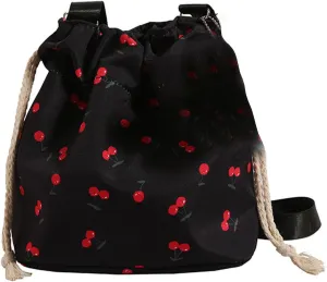Women Bucket Bag Drawstring Shoulder Bag Female Fashion Crossbody Messengers Bag Cherries Pattern Beach Bag for Travel, Black