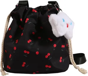 Women Bucket Bag Drawstring Shoulder Bag Female Fashion Crossbody Messengers Bag Cherries Pattern Beach Bag for Travel, Black
