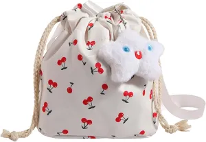 Women Bucket Bag Drawstring Shoulder Bag Female Fashion Crossbody Messengers Bag Cherries Pattern Beach Bag For Travel